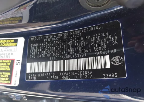 2021 Toyota Camry Le из США, поврежденный, VIN 4T1C11AK8MU453891